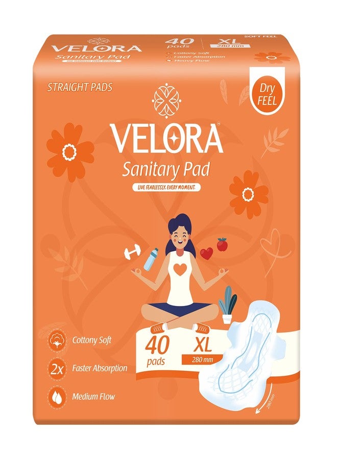 Velora Dry Feel XL 40 Pads Wider Back for Extra Coverage, Quick Absorption,Medium Flow Straight Sanitary Pads for Women & Girl (40 Pads-280MM) - Image 1